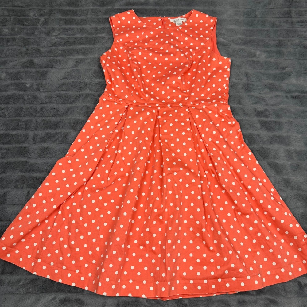 Liz Claiborne Coral Polka Dot Fit & Flare Dress Womens 8 Sleeveless Pleated